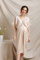 Draped V-Neck Silk Dress with Twist Detail